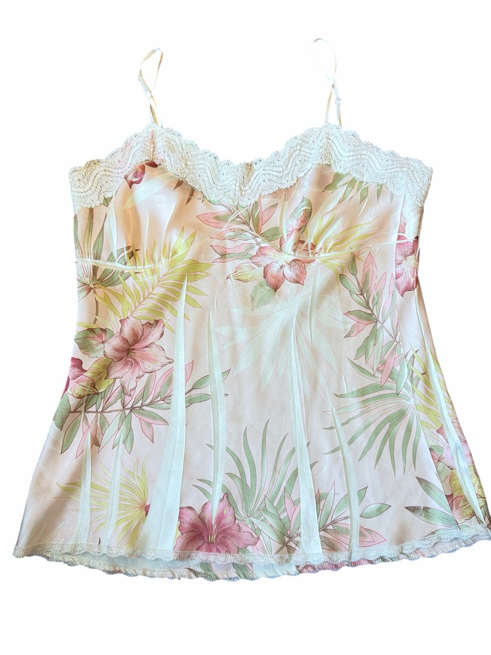 Vintage Floral Silky Satin Fairy Dainty Camisole with Lace Trim L